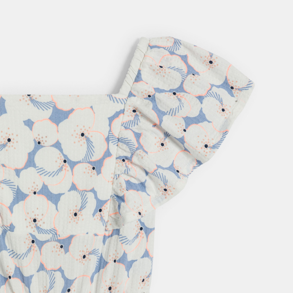 بدلة جمبسوت طويلة، بللون الأزرق السماوي وبرسوم مطبوعة، للفتيات